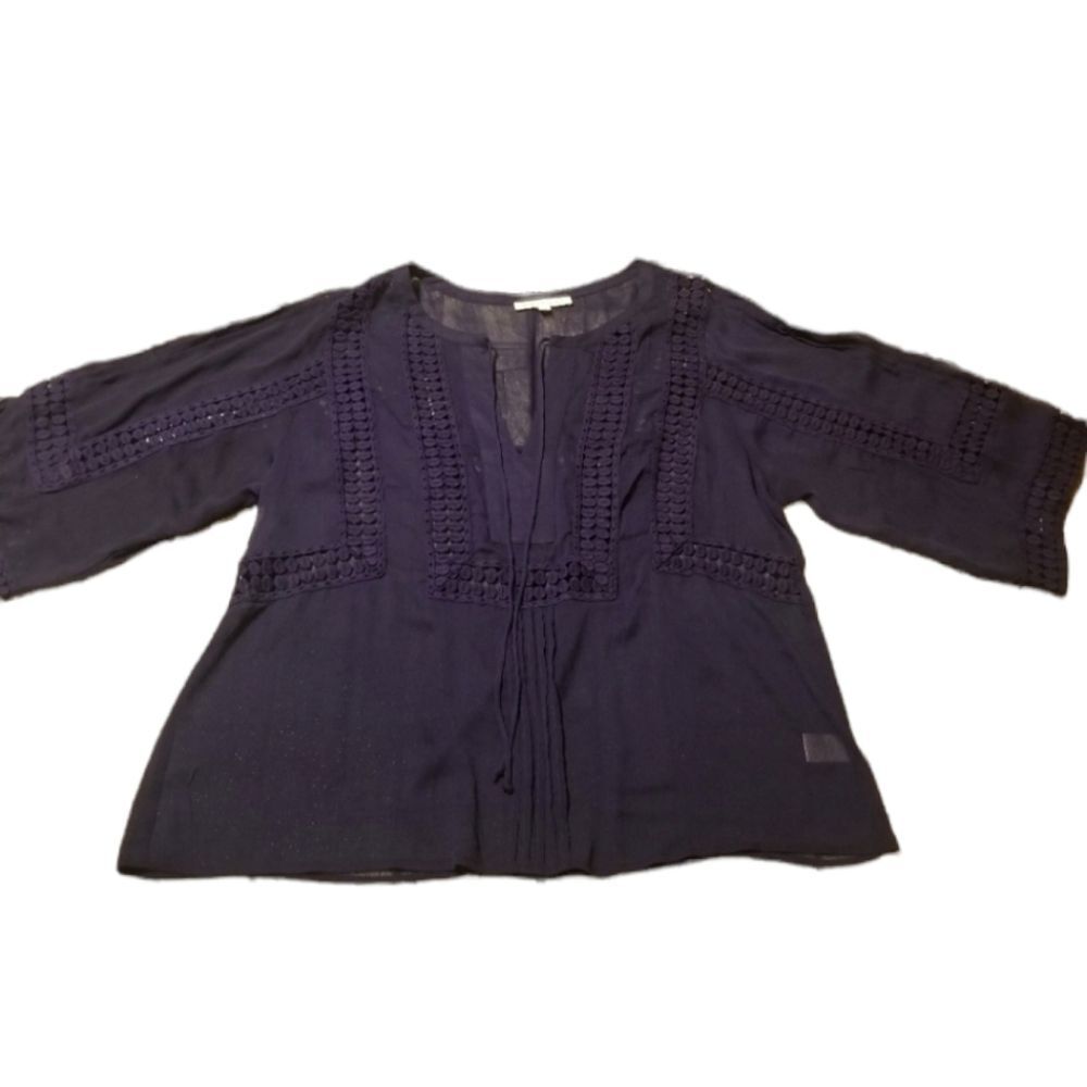 Daniel Rainn Boho Top Women Petite Large Blue Crochet Festival